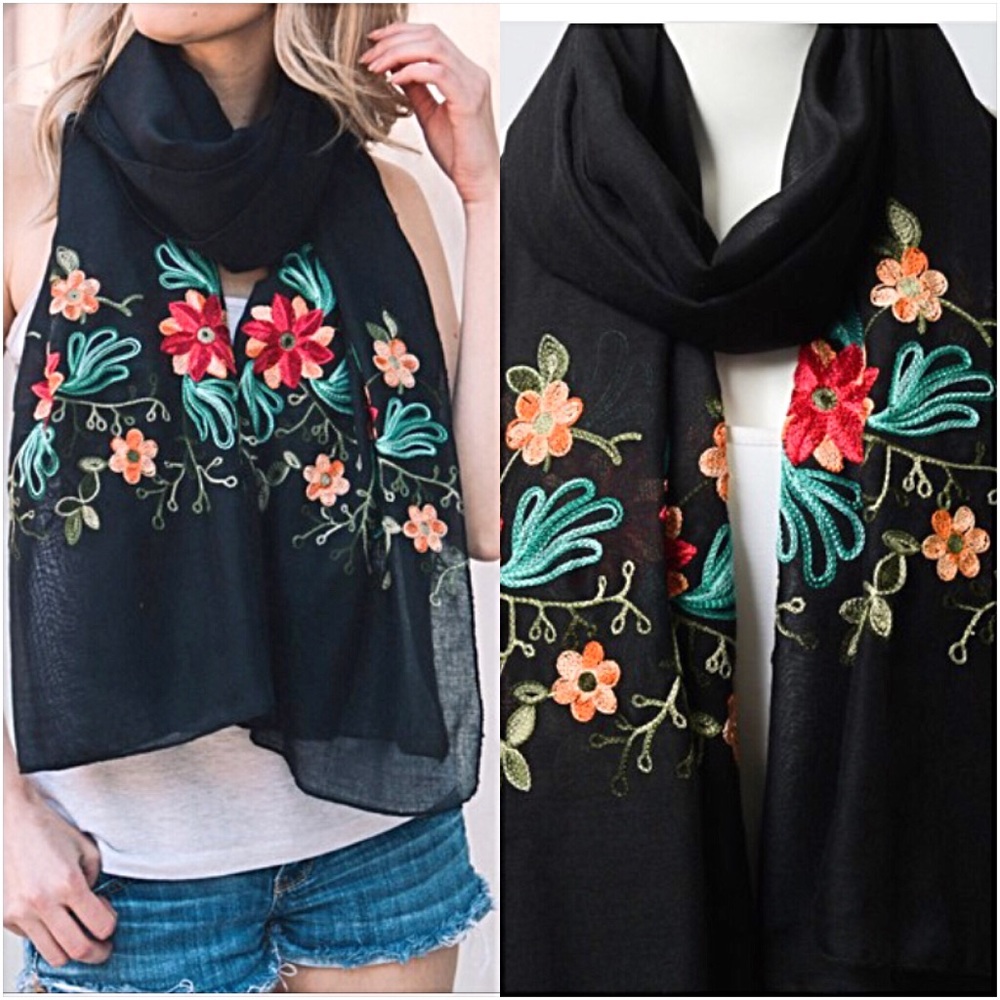 Boho Chic Lightweight Embroidered Floral Scarf NEW - Picture 2 of 6